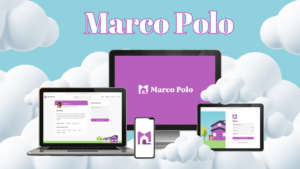 Multiple devices displaying the Marco Polo platform with a background of clouds. The text "Marco Polo" is prominently displayed at the top.