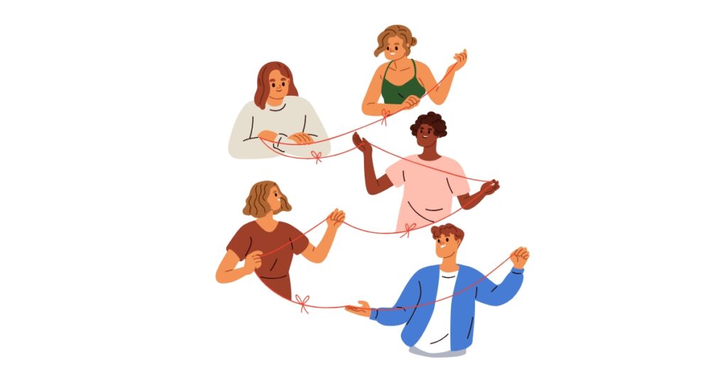 An illustration of five diverse individuals interconnected by a red thread, symbolizing collaboration, community, and mutual support. Each person holds a section of the thread, creating a visual representation of unity and shared connection on a white background.