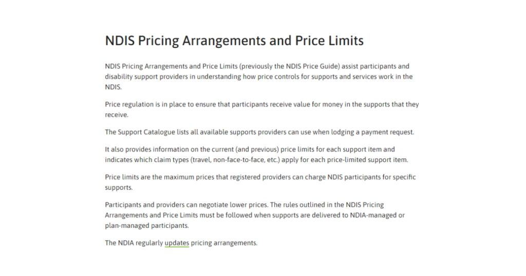 Screenshot of a webpage titled 'NDIS Pricing Arrangements and Price Limits.' The text explains the purpose of the NDIS Pricing Guide in helping participants and providers understand price controls and support services. It outlines key points about price regulation, the Support Catalogue, claim types, and price limits for registered providers. The content also mentions that participants and providers can negotiate lower prices and that the NDIA regularly updates pricing arrangements.