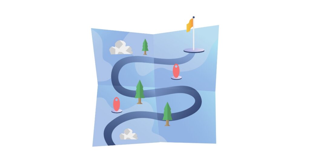 An illustrated roadmap on a folded map, featuring a winding path with red markers, green trees, and white clouds as landmarks. The path leads to a yellow flag at the destination, symbolizing a journey or progress toward a goal.