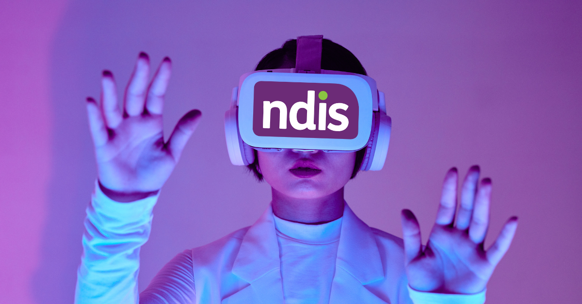 A woman wearing a virtual reality headset with the NDIS logo on the screen, dressed in a white outfit, extends her hands forward as if interacting with a virtual environment. The background is bathed in purple and blue lighting.